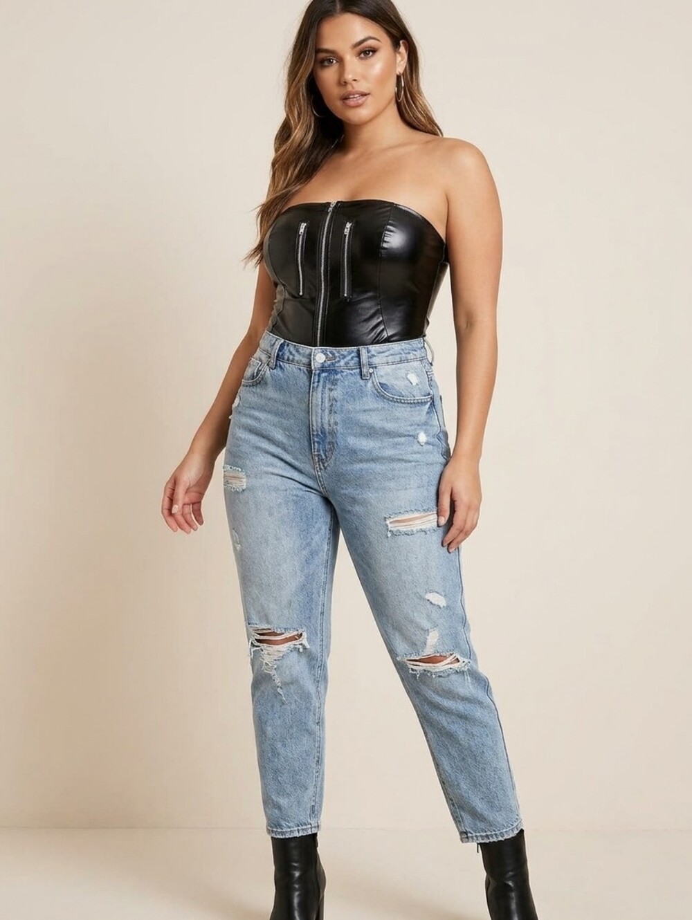 Fashion Nova Strapless Black Faux Leather Corset Top Zip Front Bodysuit Large